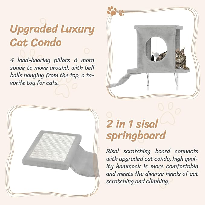 NUNU LAB 7-in-1 Wall Mounted Cat Climber Set, Cat Furniture Set with House, Tunnel, Bridge, Tree, Steps, Scratcher Board, Hammock, Luxury Wall Shelves for Indoor, Gray