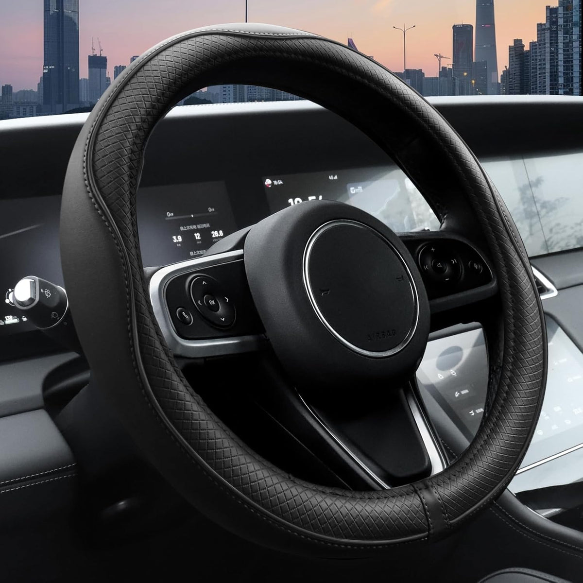Ouzorp Car Steering Wheel Cover, Microfiber Leather Steering Wheel Covers with Anti-Slip Lining, Universal 14.5-15 inchs Black
