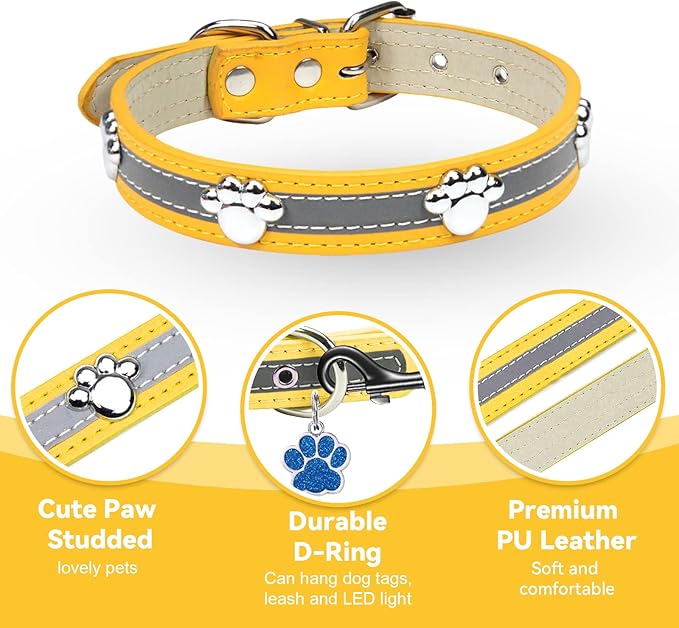 PETCARE Reflective Dog Collar with Cute Paw Rivet Studded Funny Soft PU Leather Adjustable Puppy Dog Collars for Small Medium Large Dogs Cats (Yellow,Small)