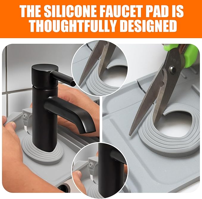 24" Silicone Faucet Mat for Kitchen Sink,7° Draining Mat with Snap Button Lock,Faucet Splash Guard and Sink Counter Organizer,Trim-to-Fit Kitchen Faucet Protector for Sponge Brush Cup
