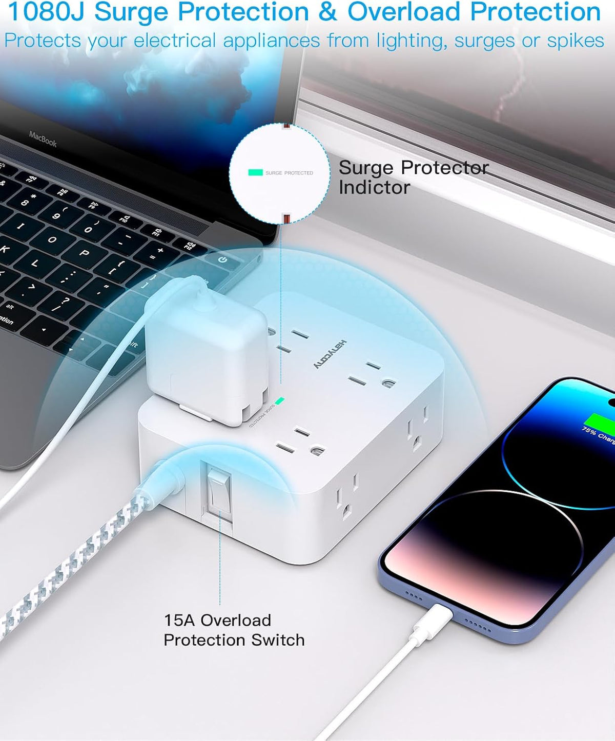 Surge Protector Power Strip - HANYCONY 8 Outlets 4 USB (2 USB C) Charging Ports, Multi Plug Outlet Extender, 5Ft Braided Extension Cord, Flat Plug Wall Mount Desk Charging Station for Home Office ETL