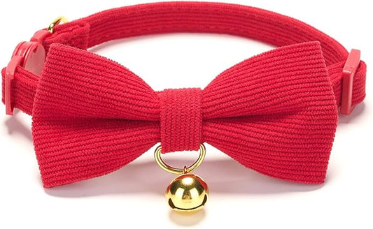 Cotton Breakaway Cat Collar with Bow Tie and Bell, Adjustable Cute Soft Corduroy Kitten Collars for Girl and Boy Cats