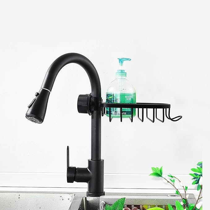 SinLoon Kitchen Faucet Sponge Holder, Sink Caddy Organizer, Space Aluminum Soap Dish Brush Rack Hanging for Kitchen & Bathroom Accessories(Black)