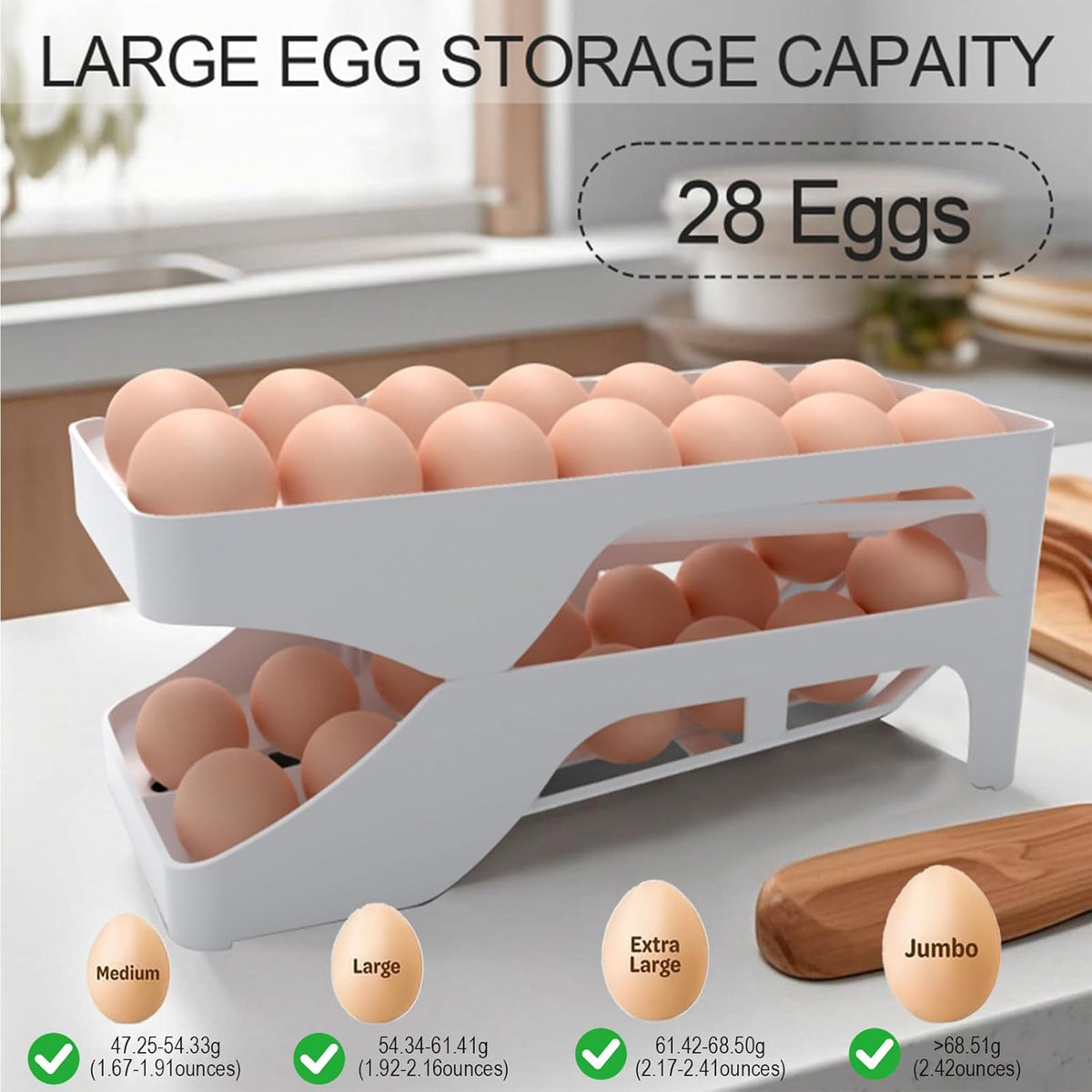 Egg dispenser for refrigerator, Automatic rolling egg holder for fridge, Space saving, Holds 28 Eggs, For kitchen,cabinets,table,refrigerator