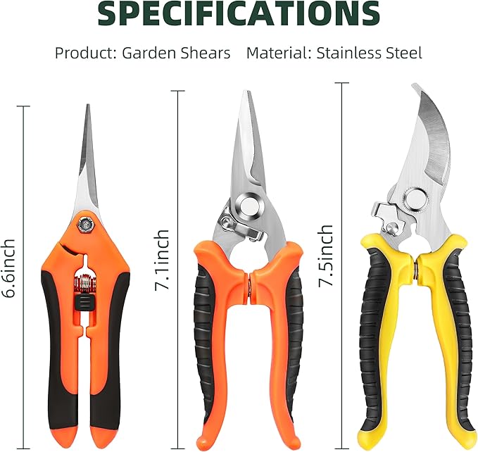 3 Pack Garden Pruning Shears, Stainless Steel Shears, Gardening Shears, Scissors, Garden Clippers, Pruning Snips, Pruning Shears for Gardening Tools
