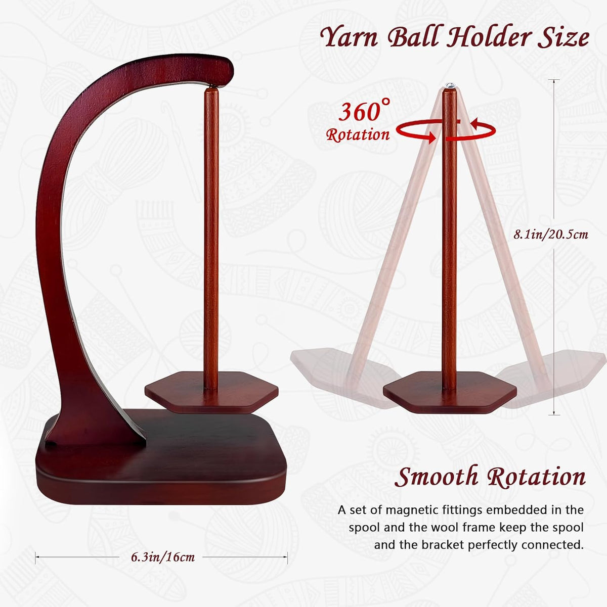 JUCPASH Yarn Holder for Crocheting and Knitting, Wooden Yarn Spinner with Magnetic Rotating Mechanism and Anti-Slip Pads, Crochet Gift for Knitting Lovers - Brown