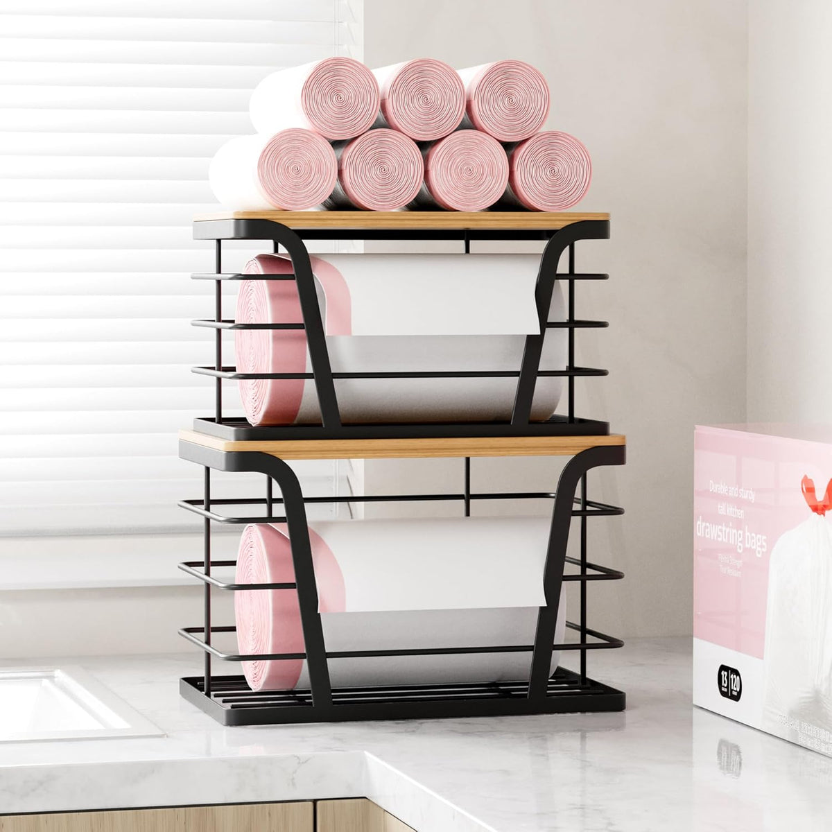 2 Pack Stackable Storage Laundry Kitchen Organizers, Wall Mount Trash Bag Holder with Bamboo Top and Garbage Bag Dispenser No Drill