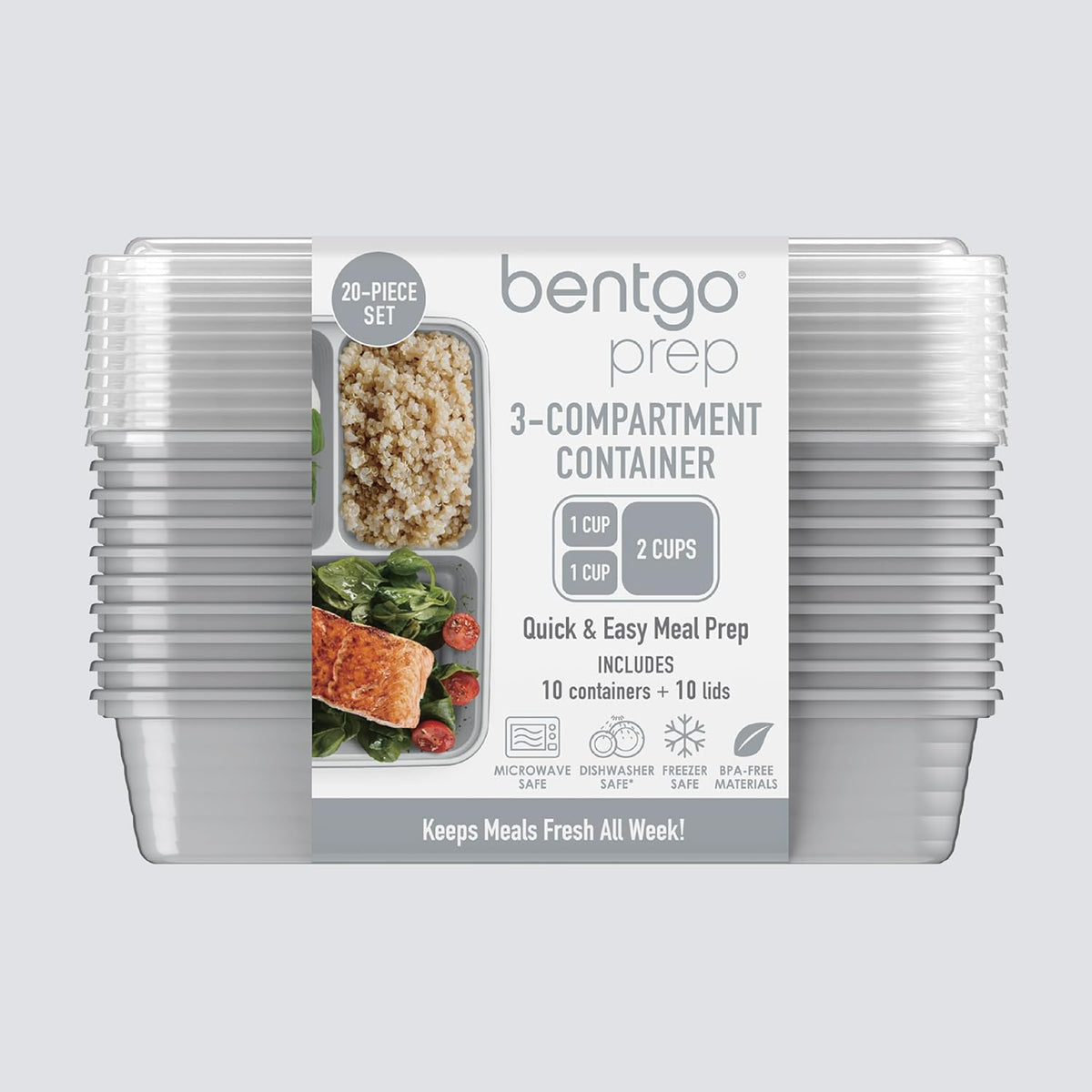 Bentgo Prep - 20-Piece 3-Compartment Reusable Meal Prep Containers with Lids, PFAS & BPA Free Materials, Durable, Microwave, Freezer, & Dishwasher Safe To Go Food Storage (Silver)