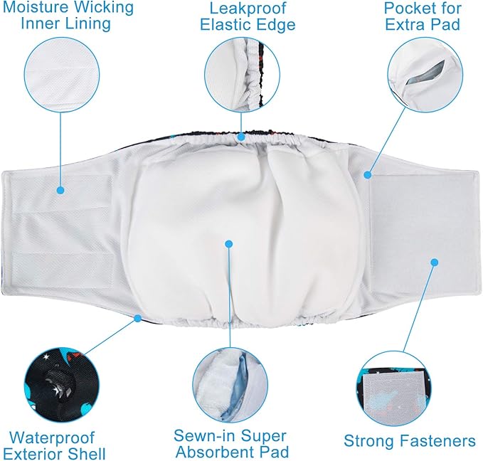 CuteBone Dog Diapers Male Belly Bands 3 Pack for Male Dogs Reusable Puppy Wraps DM66XS