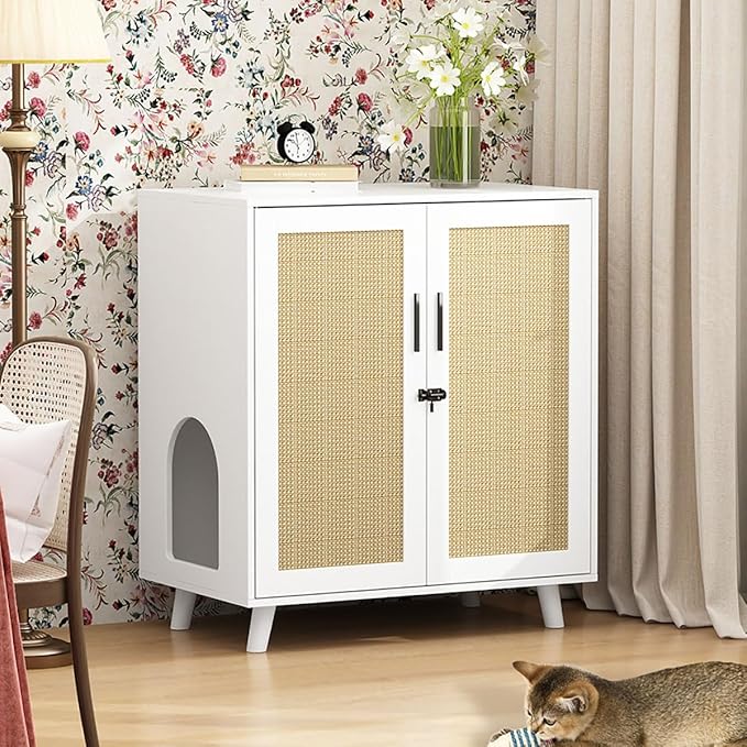 Lovinouse Large Cat Litter Box Enclosure,Hidden Kitty Litter Furniture with Sisal Covered Doors,2-Layer Wooden Cat Washroom Cabinet w/Adjustable Shelf, Side Table for Living Room,White