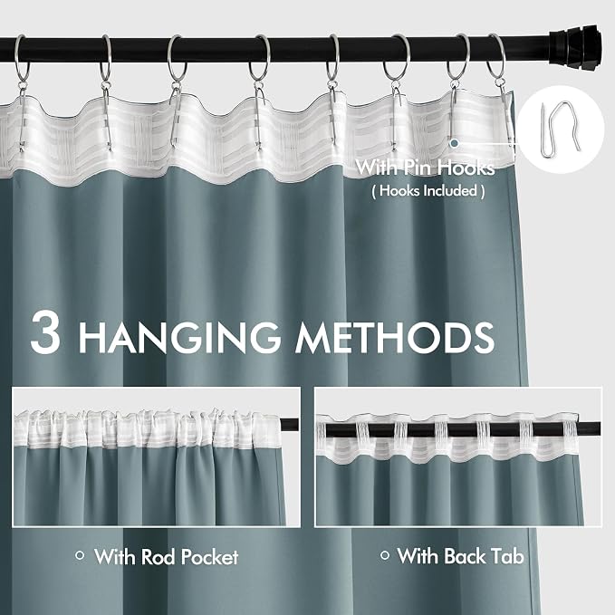 MIULEE Greyish Blue Back Tab Blackout Curtains 72 Inches Long 2 Panels Set