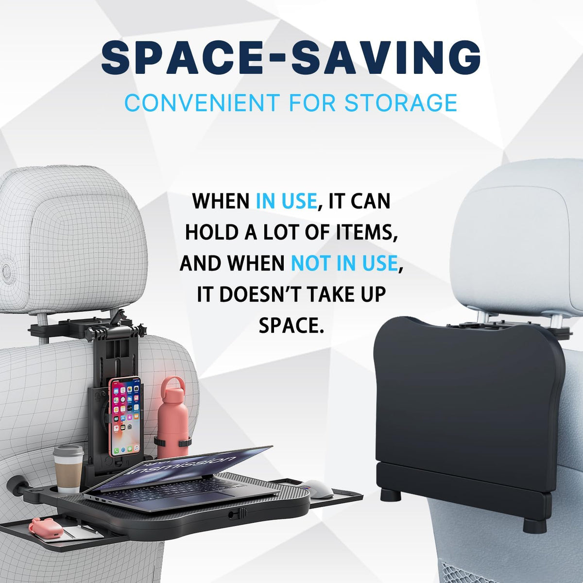 Car Back Seat Tray Table, Stable Foldable Auto Backseat Food Trays Desk for Rear Passenger Road Trip Eating & Work, Multifunctional Adjustable Travel Tray with Phone Drink Holder for Laptop iPad