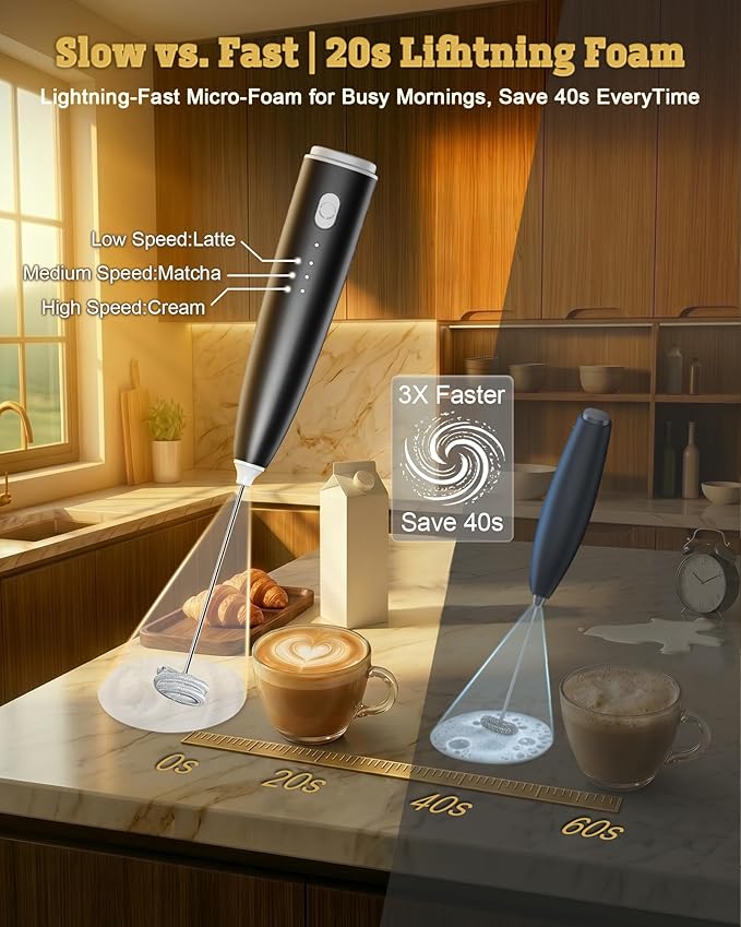 Portable Milk Frother Handheld,Electric Drink Mixer & Wand, 3 Detachable Stainless Steel Whisks, 3 Adjustable Speeds Quiet, USB C Rechargeable for Coffee, Latte, Matcha, Home & Kitchen (Black)