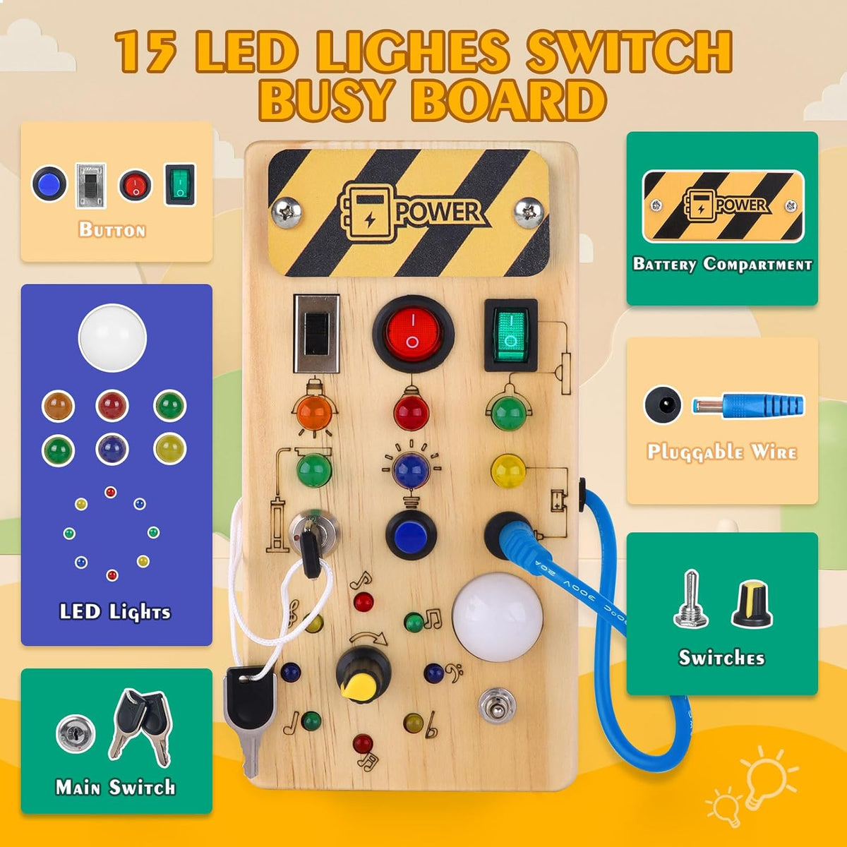 Hoarosall Montessori Wooden Busy Board with 8 LED Light switches, Sensory Toys Light Switch Travel Toys for 1+ Year Old Baby and Toddler
