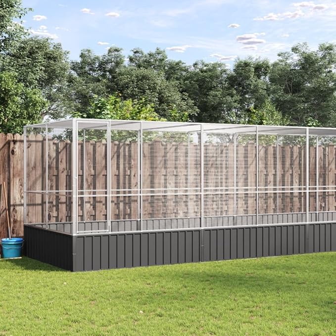 Large Metal Heavy Duty Walk-in Aviary Cage with Extension, Ample Activity Space Bird Cage with Lockable Door Also for Chickens and Rabbits, Silver 409.1"x81.5"x83.5" Steel,-415