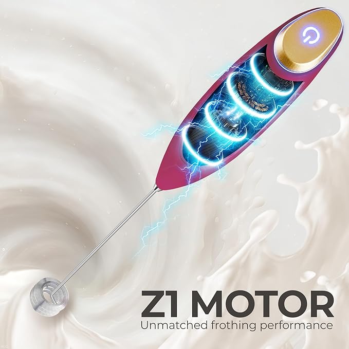 Zulay Kitchen Powerful Milk Frother Wand With Duracell Batteries - Ultra Fast Handheld Drink Mixer - Electric Whisk Foam Maker for Coffee, Lattes, Cappuccino & Matcha - Triple Whisk - Magenta Gold