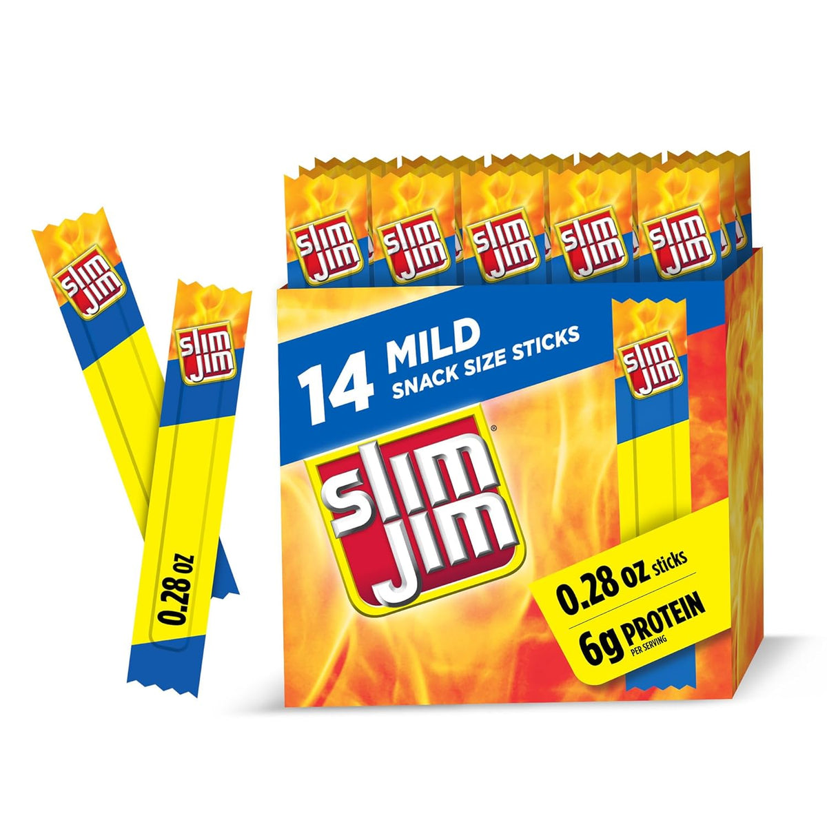 Slim Jim Smoked Meat Sticks, Mild Flavor, 6g Protein Per Serving, Snack Size, 0.28 oz. (14 Count)