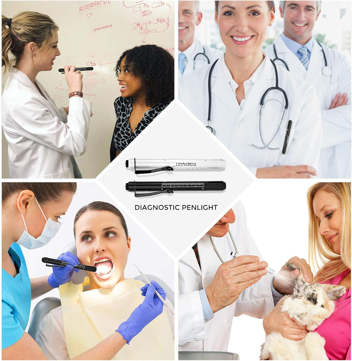 RISEMART Pen Lights for Nurses, 2 Pack Reusable Medical Light with Pupil Gauge and Ruler, White Light LED Penlight for Student Doctors EMT (Black/White)