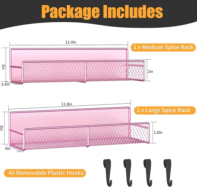 Magnetic Spice Rack for Refrigerator, 2 Pack Metal Magnetic Shelf Pink, Moveable Spice Organizer with Hooks, Super Magnetic Fridge Shelf for Kitchen Organization and Storage