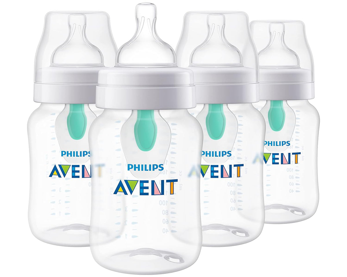 Philips Avent Anti-Colic Baby Bottle with AirFree Vent, 9oz, with Flow 2 Nipples, 1m+, 4pk, Clear, SCY703/04