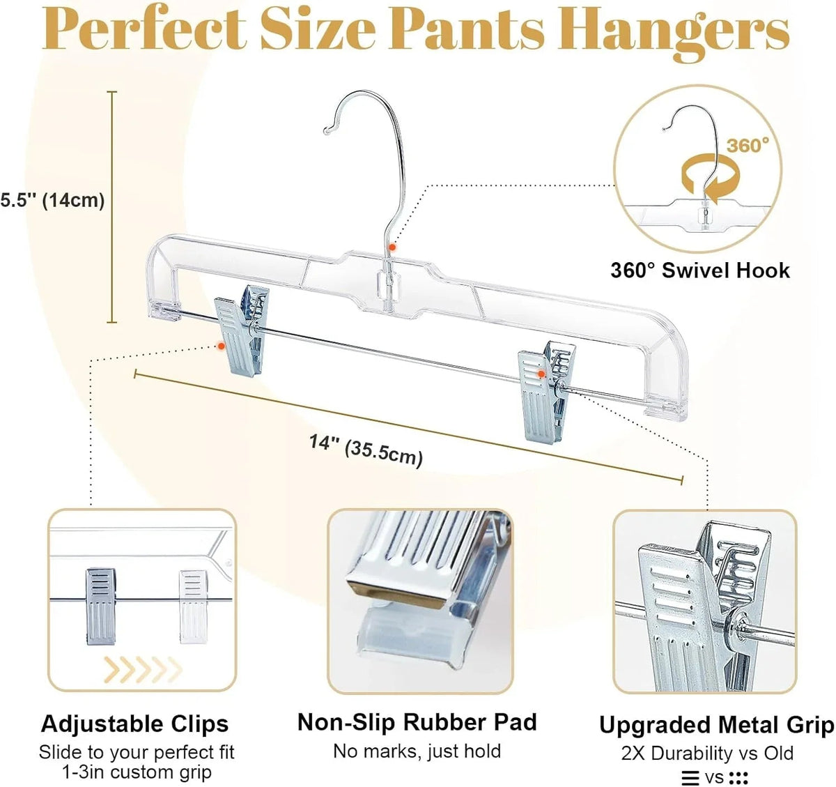HOUSE DAY 12-Pack 14" Clear Plastic Skirt Hangers with Clips & Swivel Hook