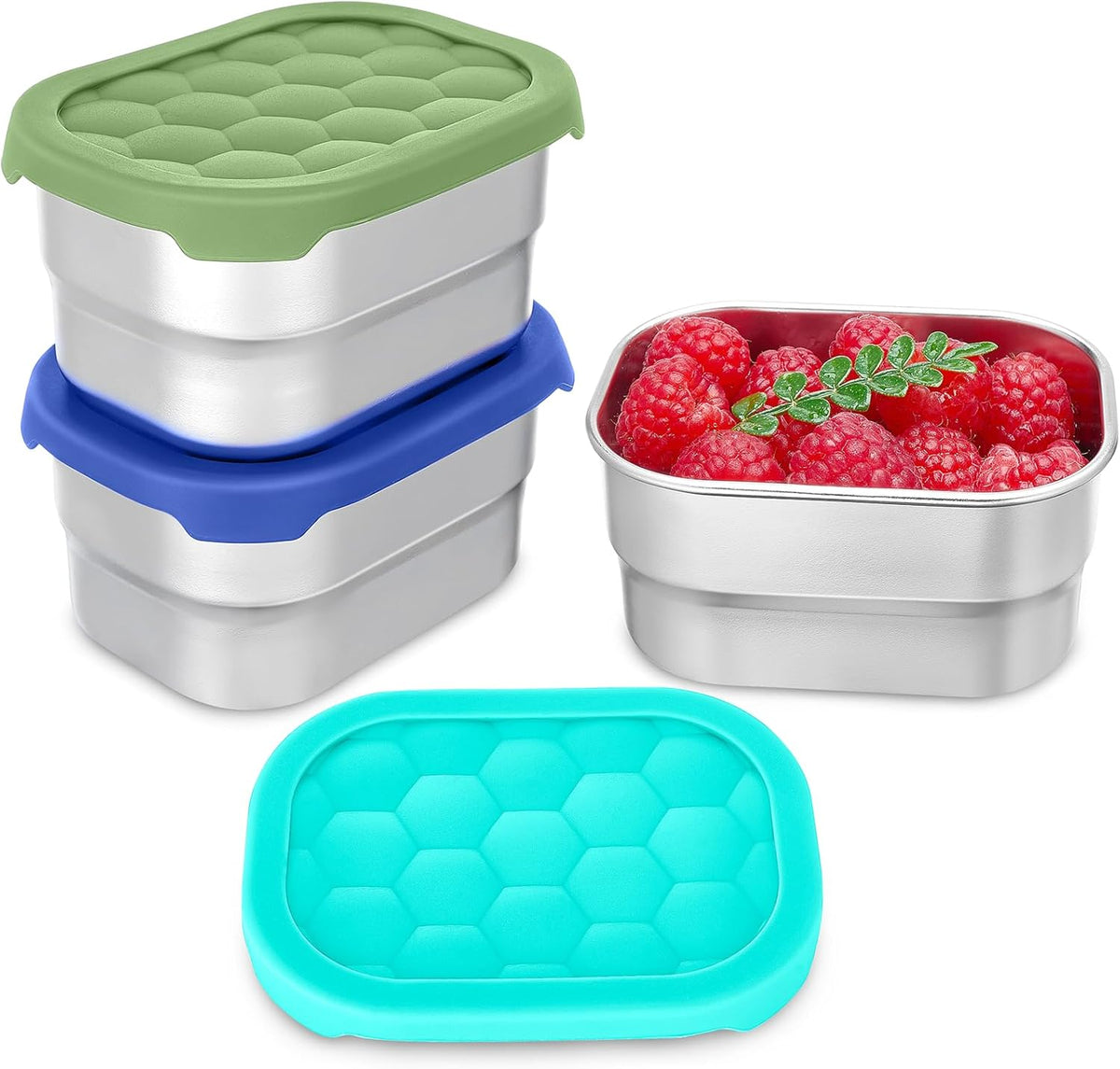 3 Pack Stainless Steel Snack Containers for Kids, 8 oz Easy Open Leak Proof Small Toddler Snack Containers with Silicone Lids, Stackable Metal Lunch Box for Daycare and School (Blue)