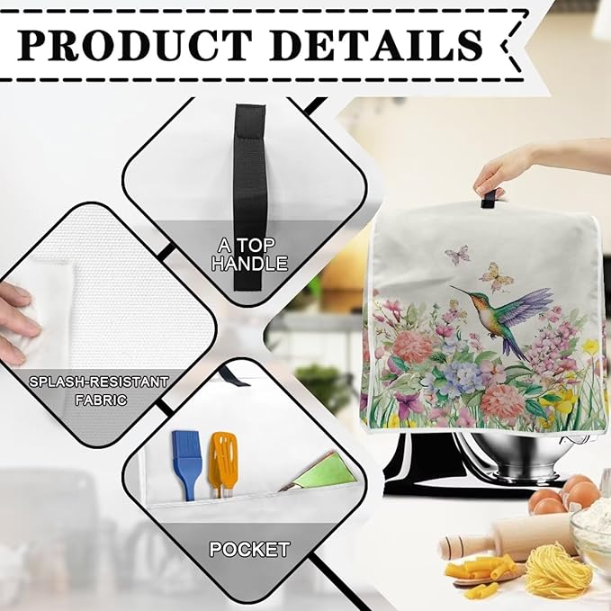Spring Hummingbird Mixer Cover | Lightweight Dust Protector with Handle & Pockets | Compatible with 4.5-5 Quart Coffee Makers & Kitchen Mixers