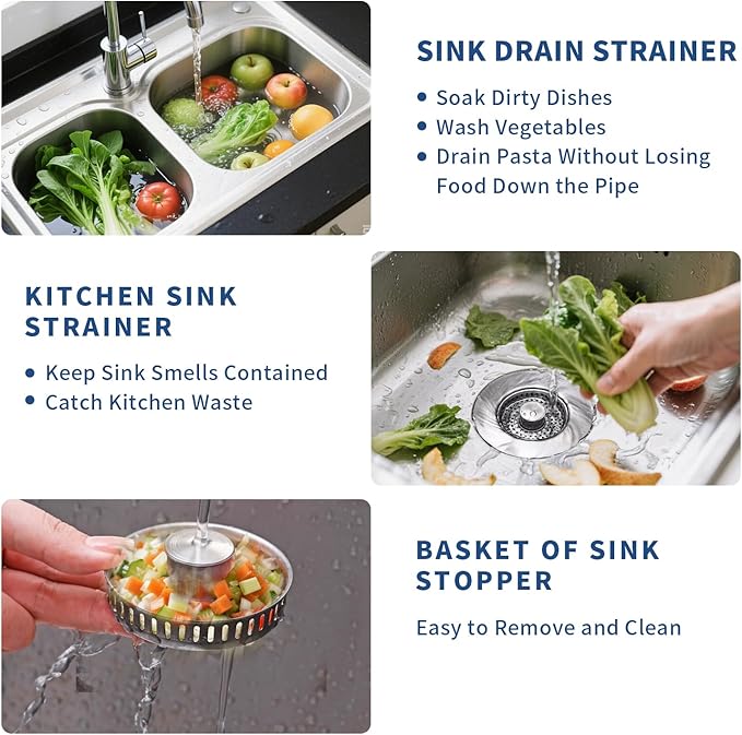 3-in-1 Kitchen Sink Drain Strainer and All-Purpose Sponges, Sink Stopper Pop-Up Drain Plug with Anti-Clogging Food Catcher Basket, Odor Blocker, Fits US Standard 3-1/2 Inch Sinks,Dish Sponges Safe