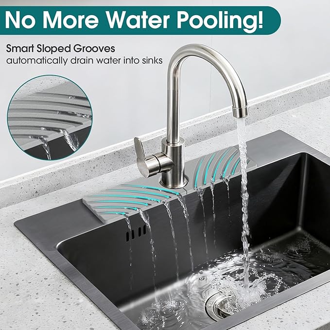 Quick Dry Stone Faucet Mat for Kitchen Sink - 23.6"x3.9" Natural Diatomite Stone Drying Mat for Kitchen Counter, Auto Drainage Sink Protector, Water Splash Guard for Bathroom (Light Grey)