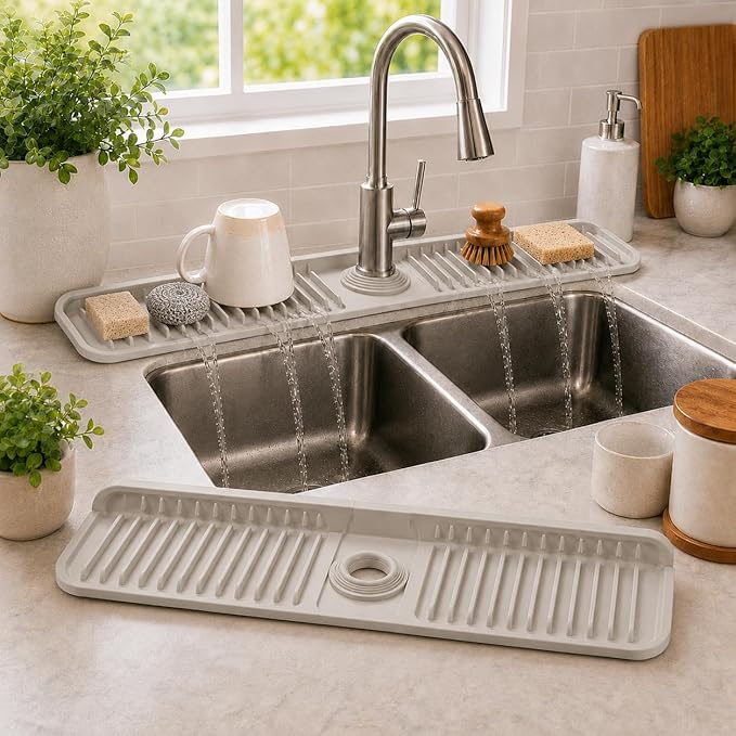 24" Silicone Faucet Mat for Kitchen Sink,7° Draining Mat with Snap Button Lock,Faucet Splash Guard and Sink Counter Organizer,Trim-to-Fit Kitchen Faucet Protector for Sponge Brush Cup