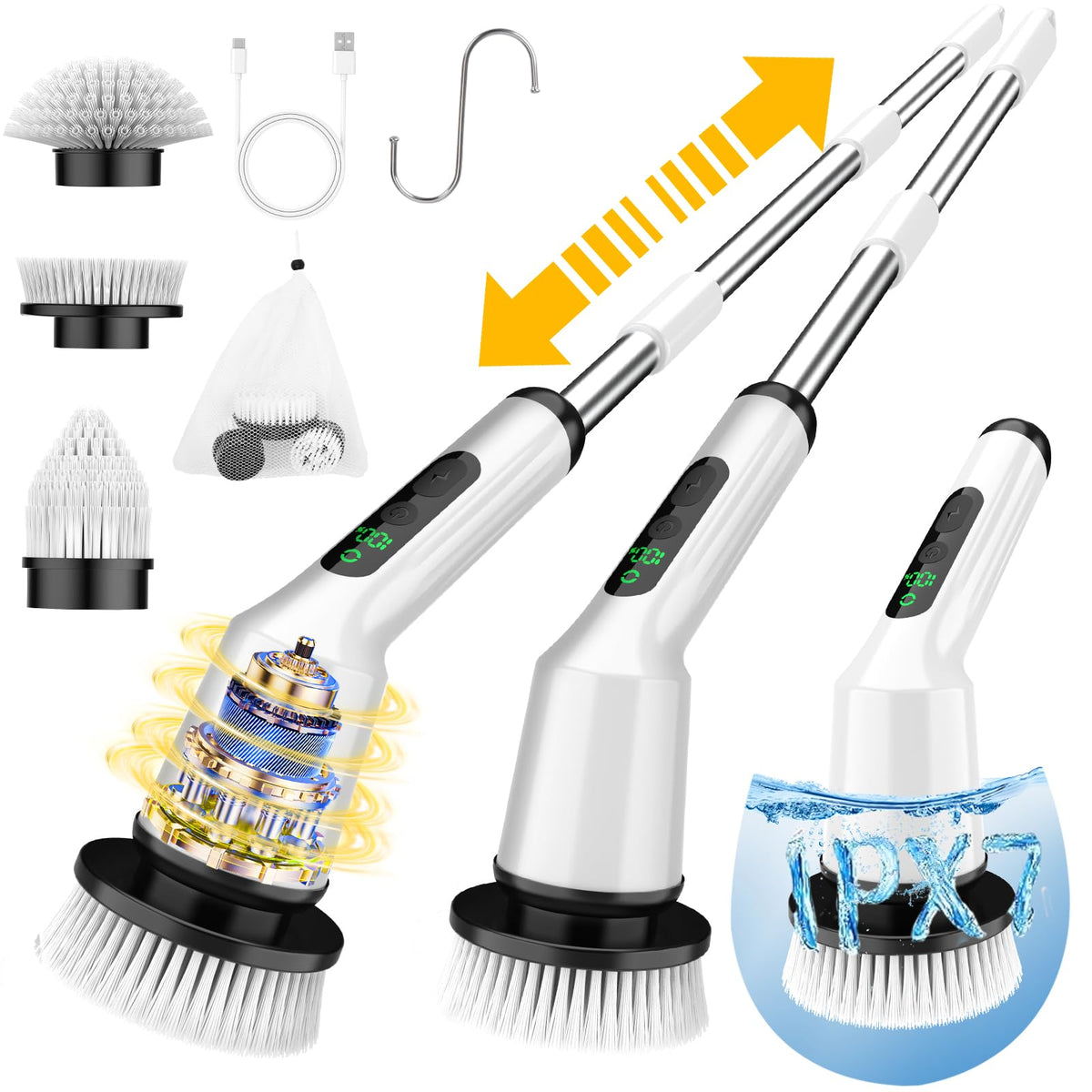 Electric Spin Scrubber for Cleaning Bathroom, Shower Scrubber Cordless Cleaning Brush with IPX7 Waterproof & 2 Speed, 3 Brush Heads, Bathroom Cleaning Supplies for Shower Tub Kitchen Tile Toilet White