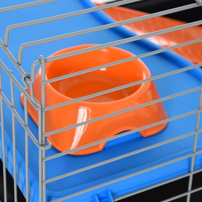 PawHut 35" L Small Animal Cage, Rolling Bunny Cage, Guinea Pig Cage with Food Dish, Water Bottle, Hay Feeder, Platform, Ramp for Chinchilla, Black