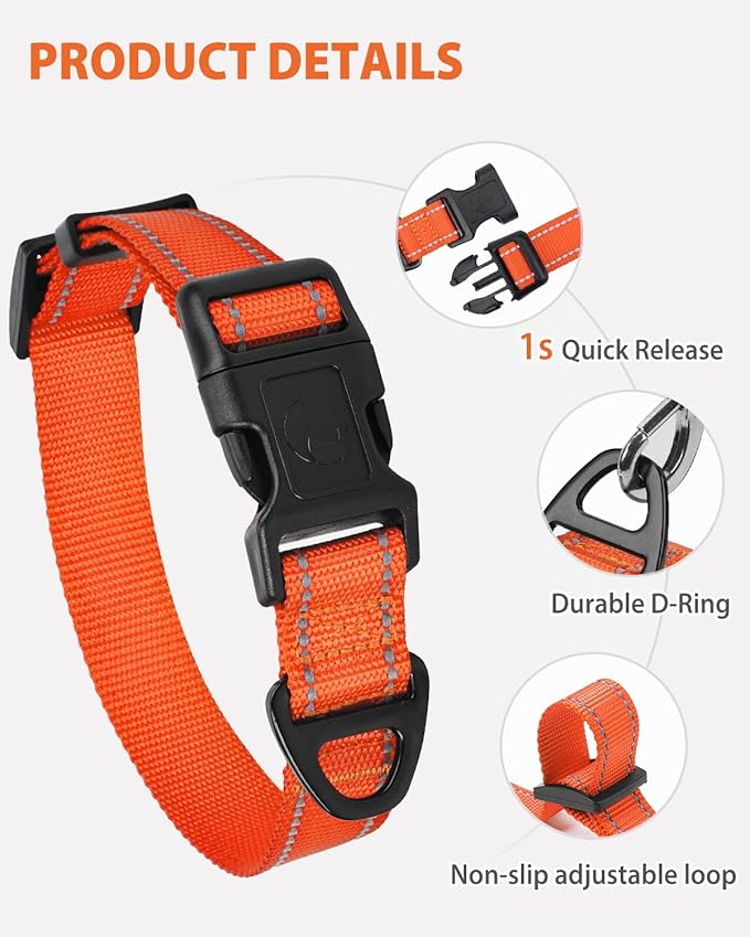 Joytale Large Dog Collar, Reflective and Adjustable Nylon Pet Collar with Quick-Release Buckle for Large Dogs, Orange, L