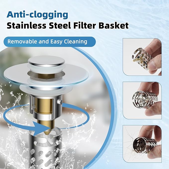 iFealClear 4 Pack All Metal Bathroom Sink Stopper, Pop Up Sink Drain Strainer with Removable Stainless Steel Filter Basket, Universal for 1.1"-2.36" Sink, Brass Bounce Core, Hair Catcher, Chrome