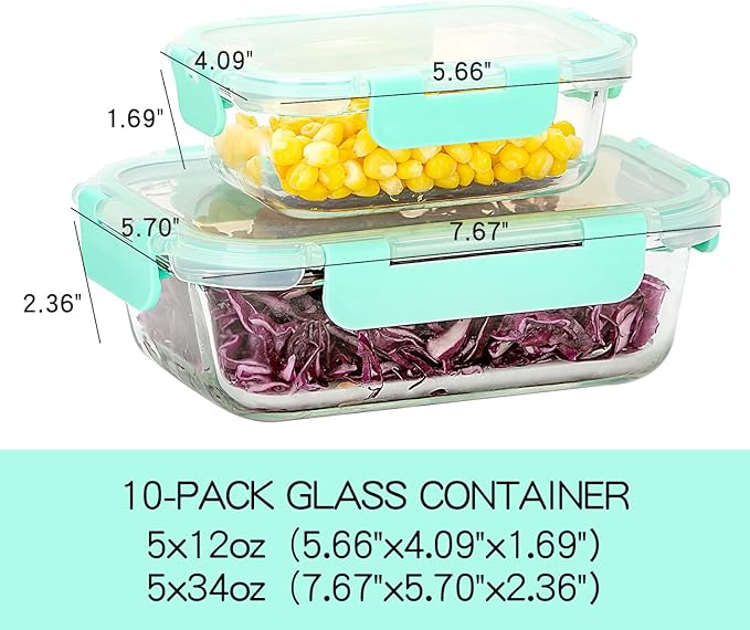 UMEIED 10 Pack Glass Food Storage Containers with Lids Leakproof, Airtight Glass Meal Prep Containers For Lunch, On The Go, Leftover, Dishwasher Safe