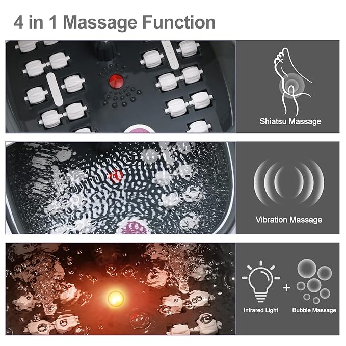 Foot Spa Bath Massager with Heat Bubbles and Vibration Massage and Jets, 16 OZ Tea Tree Oil Foot Soak Epsom Salt, Foot Soaker with Red Light, 22 Massage Rollers, Adjustable Temp -Black