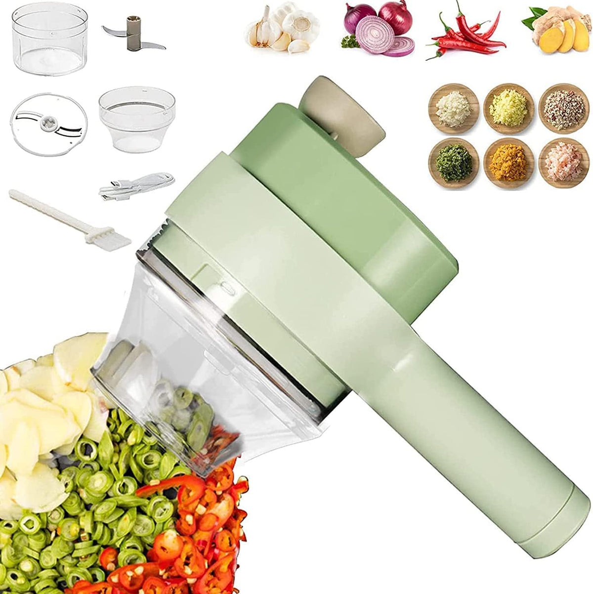 Electric Vegetable Cutter Set - 4 in 1 Portable, Rechargeable, Wireless Food Processor & Chopper Machine for Pepper, Garlic, Onion, Celery & Meat