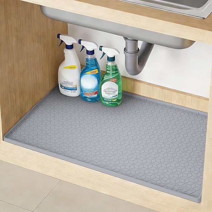 TRZZ Silicone Waterproof Under Sink Mat 34" x 22", Drip Tray and Cabinet Liner for Kitchen and Bathroom, Prevents Water Damage and Organizes Cabinets (Grey)