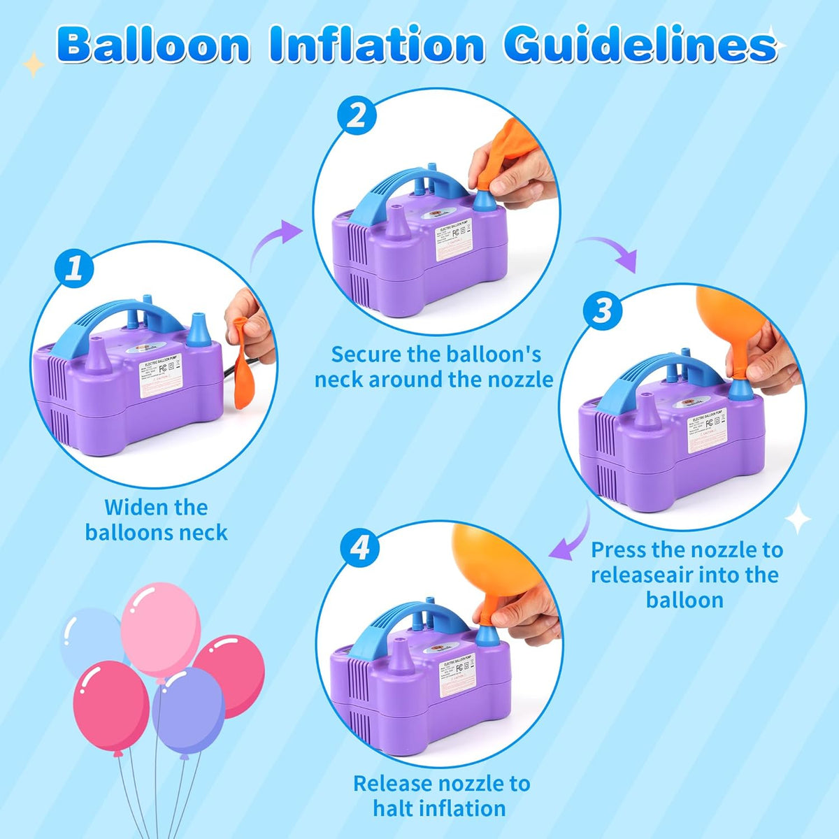 NuLink Balloon Pump Electric Portable Dual Nozzle Air Pump for Balloons Blower Pump Inflator for Decoration, Birthday Party [110V~120V, 600W, Purple]