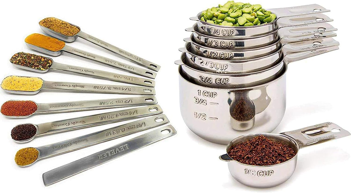 Simply Gourmet Measuring Cups and Spoons Set of 12 – 18/10 Stainless Steel Kitchen Gadgets – Stackable Design with Long Handle Spoons – Fits in Jars – Cooking & Baking Measuring Set for Dry & Liquid