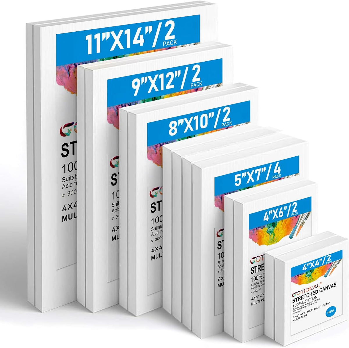 Gotideal Canvas for Painting, 14 Pcs Muti Pack Stretched Painting Canvas, Blank Paint Canvases for Acrylic, Oil, Art Supplies for Artists, Adults 4x4,4x6, 5x7, 8x10,9x12, 11x14 Set of 14