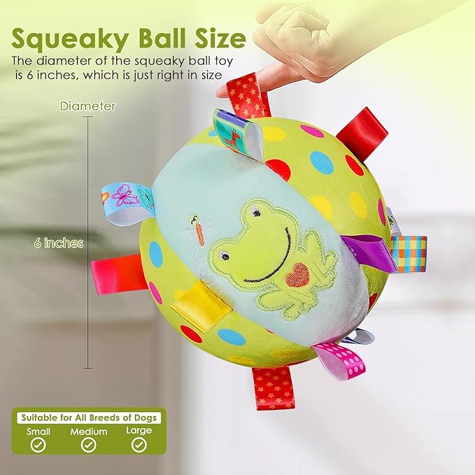 Dog Squeaky Plush Toy with Straps, 6-Inch Soft Stuffed Ball with Cotton Material and Bell Built-in, Pet Interactive Fetch Toy for Small to Large Dog