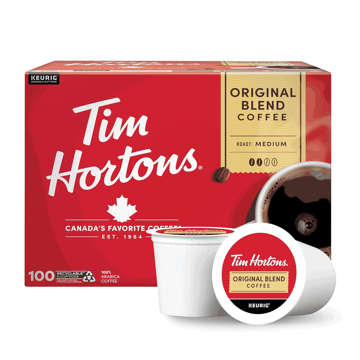 Tim Hortons Original Blend, Medium Roast Coffee, Single-Serve K-Cup Pods Compatible with Keurig Brewers, 100ct K-Cups