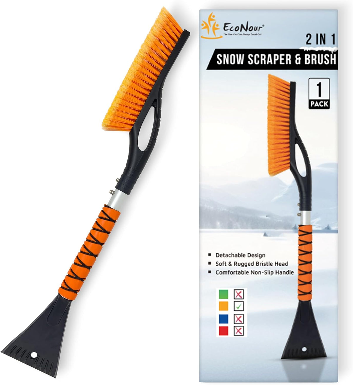 EcoNour 27" Aluminum Ice Scrapers for Car Windshield | Car Window Scraper and Snow Brush with Ergonomic Foam Grip Winter Accessories (Orange)