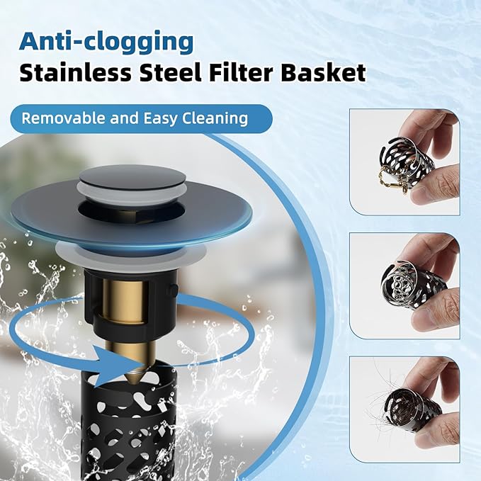 iFealClear All Metal Bathroom Sink Stopper, Pop Up Sink Drain Strainer with Removable Stainless Steel Filter Basket, Universal for 1.1"-2.36" US Sink, Brass Bounce Core, Hair Catcher, Matte Black
