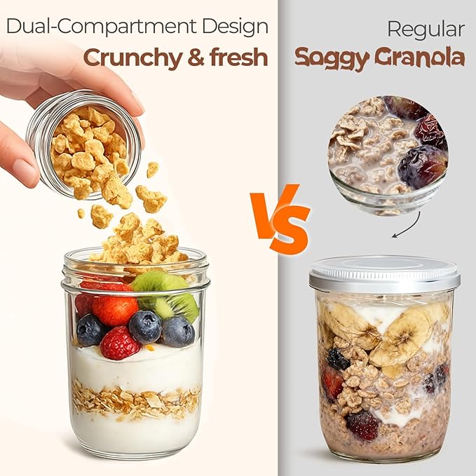ComSaf Overnight Oats Containers with Lids (16oz+4oz, 4Pcs), Dual-Laryer Chia Pudding Jars with Dry and Wet Separation, Yogurt Parfait Cups for Oatmeal Cereal Nut Fruit, Meal Prep Glass Jars for Salad