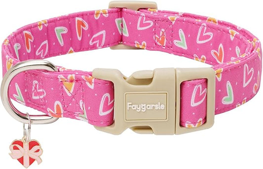 Faygarsle Valentine's Day Dog Collar, Pink Heart Pattern with Metal D-Ring and Heart Charm, Adjustable Pet Collar for Small Medium Large Dogs M