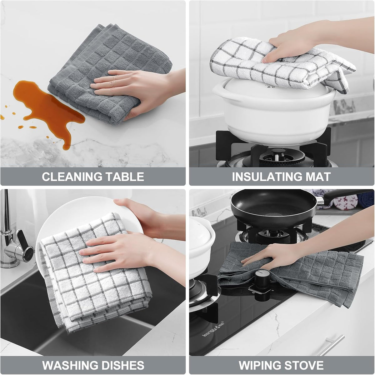 Homaxy Premium Cotton Kitchen Towels 16"x 28", Large Natural Ring Spun 390 GSM Dish Towels, Super Absorbent Terry Kitchen Hand Towels, Soft Tea Towels with Hanging Loop, Grey Check Design, 6 Pack