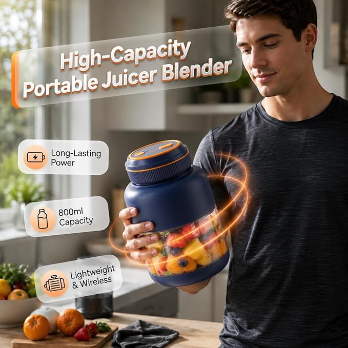 Portable Appliances Juicer, 2026 New 44oz Personal Size Blender for Shakes and Smoothies, Dual Lid Compact Travel Drinking Cup with Leakproof Handle for Office Outdoor (Blue, 800, Milliliters)