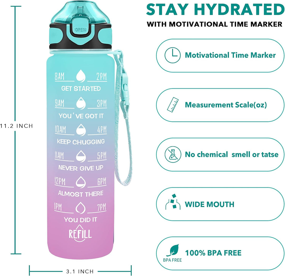 Enerbone 32 oz Drinking Water Bottle with Times to Drink and Straw, Motivational with Carrying Strap, Leakproof BPA & Toxic Free, Ensure You Drink Enough Water for Fitness Gym Outdoor